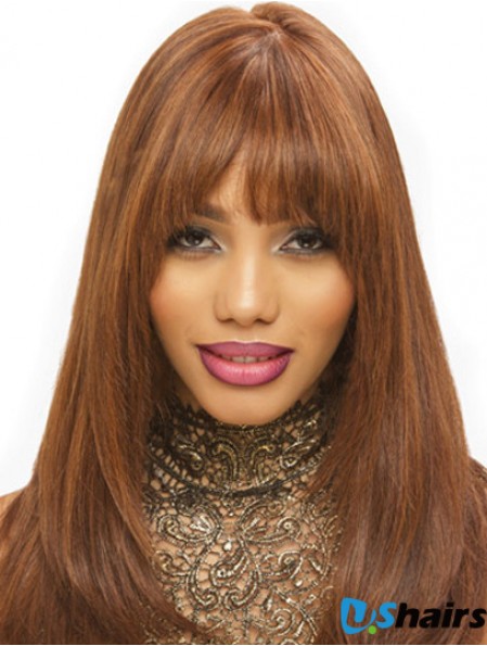 Synthetic Brown Straight With Bangs Monofilament Hand Tied Wigs