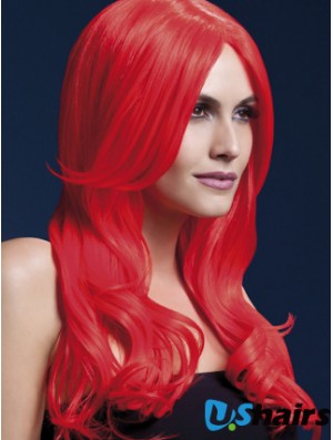 Synthetic Long Hair Wigs Red Color Wavy Style With Capless