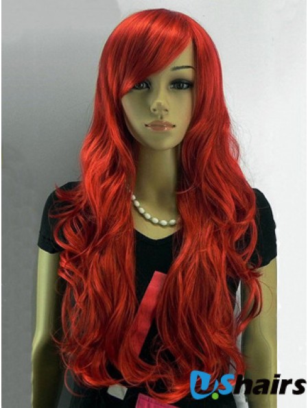 24 inch Wavy With Bangs Capless Red Affordable Long Wigs