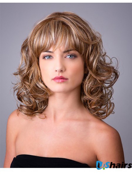 Synthetic Ombre/2 tone Curly 14 inch Capless With Bangs Long Hair Wigs