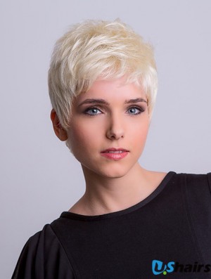 Synthetic Monofilament 3 inch Boycuts Straight Platinum Blonde Short Wigs