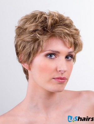 Synthetic Monofilament 6 inch Boycuts Wavy Blonde Short Wigs For Women