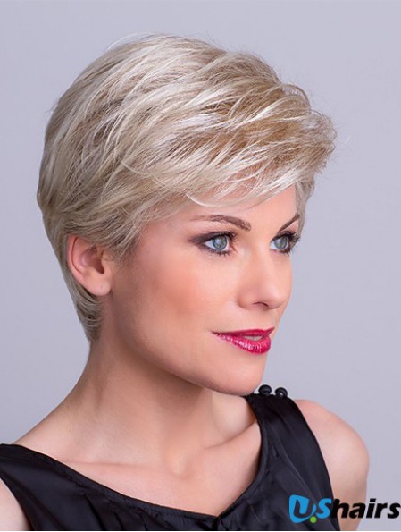 Synthetic Capless 8 inch Layered Straight Platinum Blonde Short Wigs For Sale