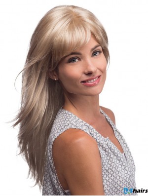 Long Blonde Wig With Bangs Monofilament Synthetic Straight Style