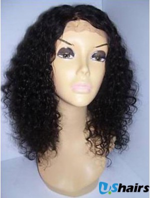 Curly Human Hair With Lace Front Black Color Shoulder Length