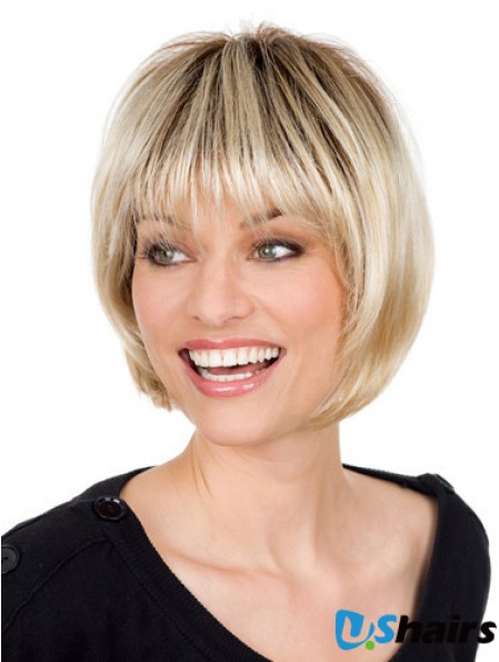 Blonde Monofilament Wig With Bangs Straight Style Chin Length