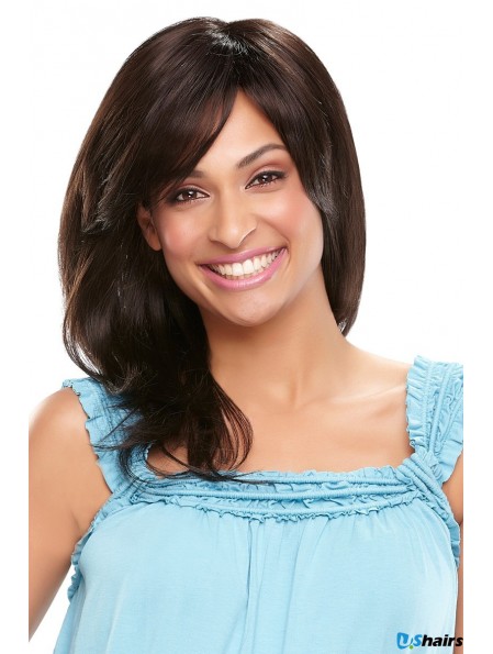 Wavy With Bangs Shoulder Length Black Sleek Lace Front Wigs