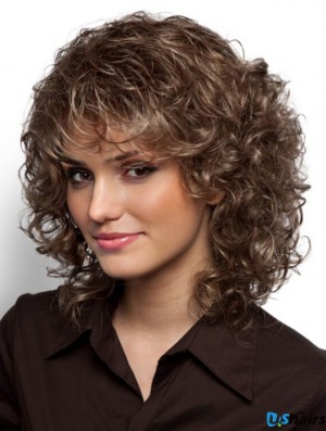 Mono Wigs Sale With Bangs Curly Style Brown Color Shoulder Length