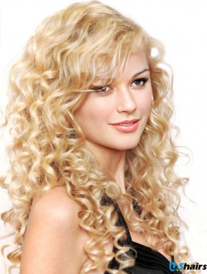 100% Hand-tied With Bangs Curly Long Blonde Stylish  Wigs