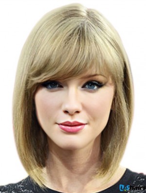 100% Hand-tied With Bangs Straight Shoulder Length Blonde Top  Wigs