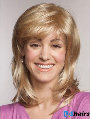 Straight With Bangs Shoulder Length Blonde Popular Lace Front Wigs