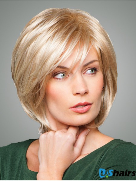 Bobs With Fringes Chin Length Straight Style Blonde Color With Synthetic