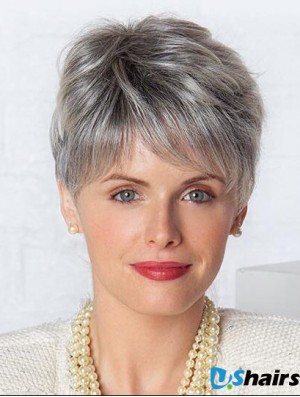 Monofilament Lace Wigs Grey Cut Straight Style Short Length