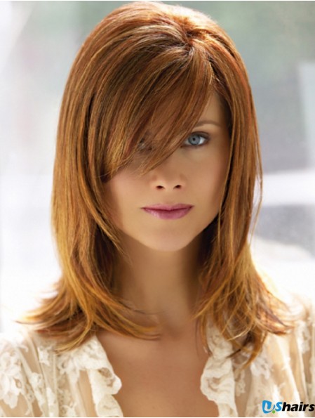 Shoulder Length With Bangs 14 inch Straight Auburn Medium Wigs