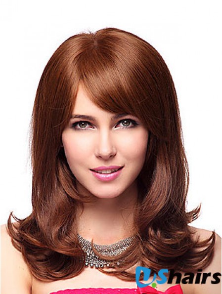 Shoulder Length With Bangs 20 inch Wavy Auburn Medium Wigs