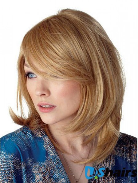 Cheapest Straight Blonde Shoulder Length With Bangs Medium Wigs