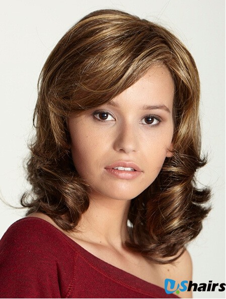 Shoulder Length With Bangs 15 inch Curly Brown Medium Wigs