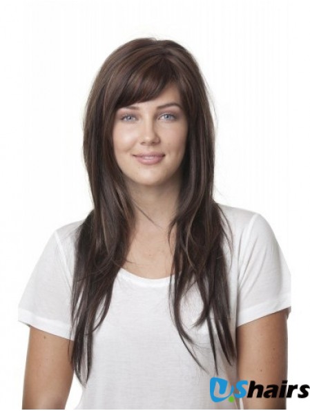 Ideal Brown Straight With Bangs Monofilament Long Wigs