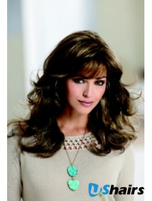 Sleek Brown Wavy With Bangs Capless Long Wigs