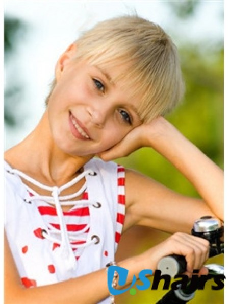 Straight Short Blonde Remy Human Hair 100% Hand-tied Kids Wigs