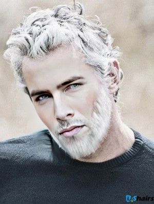 8 inch Remy Human Grey Wavy Short Realistic Wigs Men