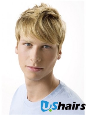 Remy Human 100% Hand Tied Short Wavy Blonde Wigs For Men