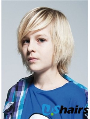 Straight Chin Length Blonde Remy Human Hair Capless Kids Wigs