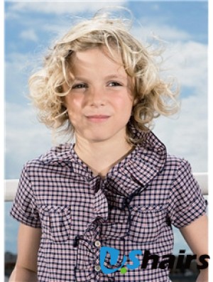 Curly Chin Length Blonde Synthetic 100% Hand-tied Kids Wigs