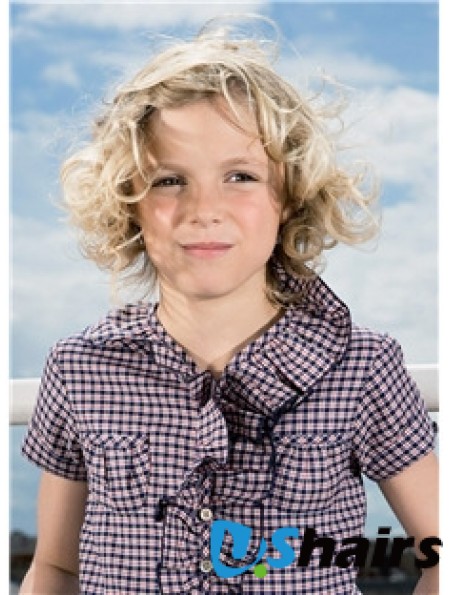 Curly Chin Length Blonde Synthetic 100% Hand-tied Kids Wigs