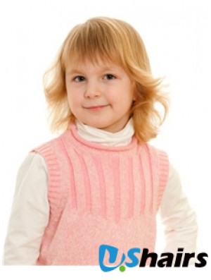 Wavy Shoulder Length Blonde Remy Human Hair 100% Hand-tied Kids Wigs