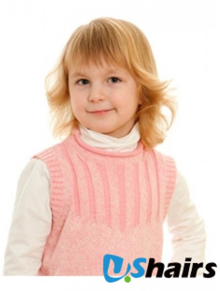 Wavy Shoulder Length Blonde Remy Human Hair 100% Hand-tied Kids Wigs