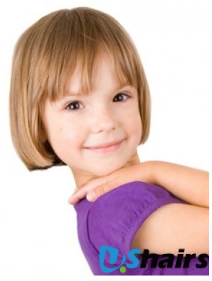 Straight Short Blonde Remy Human Hair 100% Hand-tied Kids Wigs