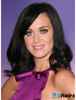 16 inch Natural Black Shoulder Length Wavy Layered Katy Perry Wigs