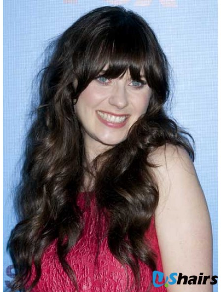 Ideal Black Long Curly 25 inch With Bangs Zooey Deschanel Wigs