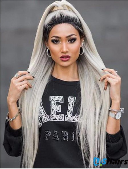 38 inch Lace Front Long Synthetic Grey Without Bangs Wigs