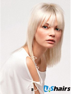 Lace Front With Bangs Shoulder Length Straight 14 inch Platinum Blonde No-Fuss Fashion Wigs