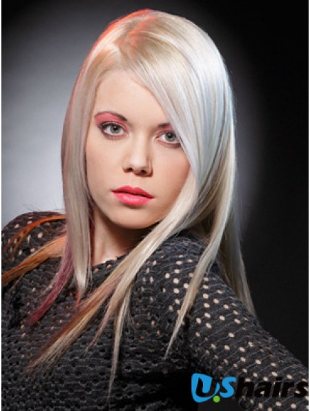 Lace Front Without Bangs Long Straight 16 inch Platinum Blonde Good Fashion Wigs