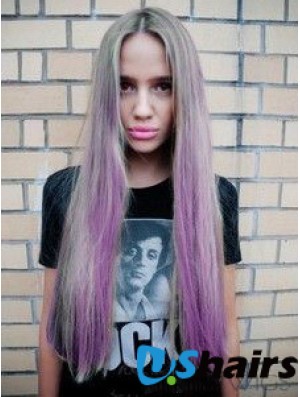 Fashionable Ombre/2 Tone Long Straight Without Bangs 28 inch Human Lace Wigs