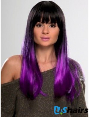 Sassy Ombre/2 Tone Long Straight With Bangs 22 inch Human Lace Wigs