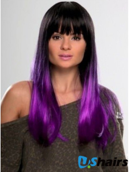 Sassy Ombre/2 Tone Long Straight With Bangs 22 inch Human Lace Wigs