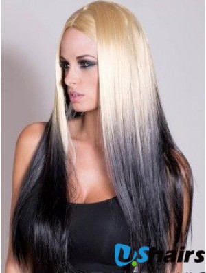 Suitable Ombre/2 Tone Long Straight Without Bangs 22 inch Human Lace Wigs