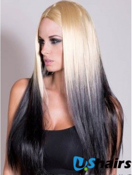 Suitable Ombre/2 Tone Long Straight Without Bangs 22 inch Human Lace Wigs