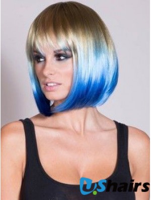 Discount Ombre/2 Tone Short Straight With Bangs 14 inch Human Lace Wigs