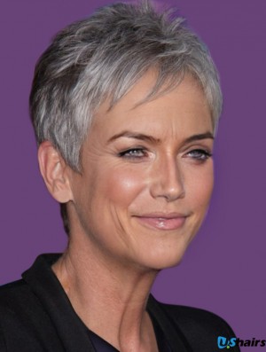 Real Hair Wigs For Women With Capless Short Length Grey Cut